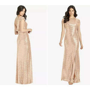 DESSY 3043 SIZE 6 CAP SLEEVE COWL-BACK SEQUIN GOWN FRONT SLIT ROSE GOLD $292 NEW
